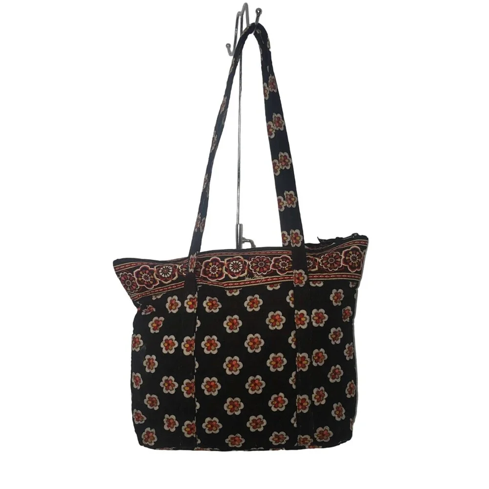 VERA BRADLEY PIROUETTE Retired 2010 Quilted Handbag Tote Black Orange Flowers